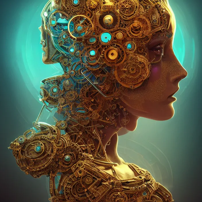 Image similar to beautiful symmetrical face portrait android woman time machine axonometric mechanical fantasy intricate elegant highly detailed in volumetric void of latent space lush flowers intricate jewellery, realm of the gods golden turquoise steampunk, axonometric high contrast cinematic light, mystical shadows, digital painting, sharp focus, octane render, photographic, concept art, artist leonardo davinci, unreal engine 8 k