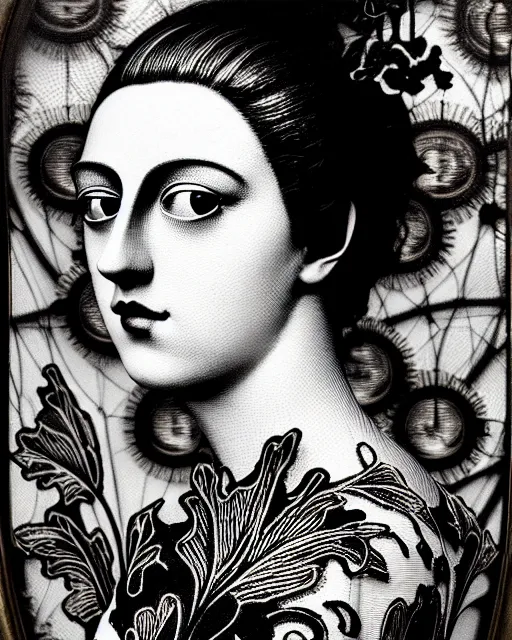 Image similar to masterpiece monochrome profile portrait painting, dutch masters, silver lace floral steampunk biomechanical beautiful one techno eye young female cyborg, big monocular, volumetric light, leaves foliage and stems, hibiscus flowers, by man ray, rim light, big gothic fashion pearl embroidered collar, 8 k