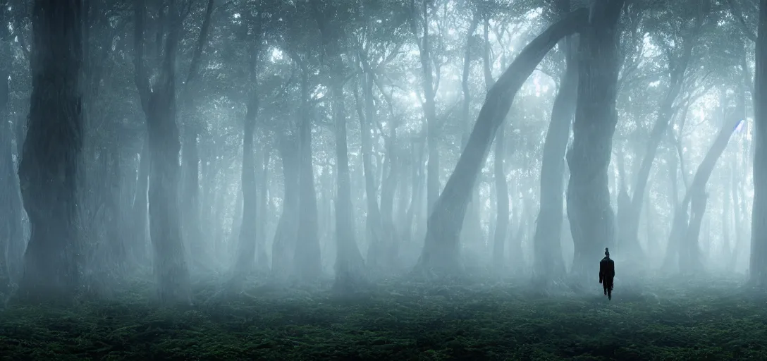 Prompt: a humans perspective of a complex organic fractal 3 d metallic symbiotic ceramic humanoid megastructure creature in a swampy lush forest, foggy, cinematic shot, photo still from movie by denis villeneuve