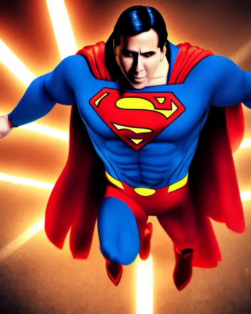 Image similar to Nicolas Cage as Superman, cinematic lighting, 4k photograph
