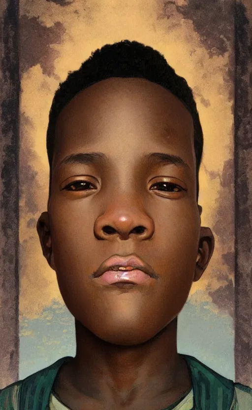 Image similar to colourful upper half portrait of an african boy, art by hsiao - ron cheng & alphonse mucha, highly detailed, digital painting, concept art, illustration, smooth sharp focus, intricate, symmetry, black backdrop, artstation,