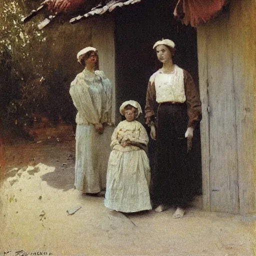 Prompt: A family in front of their Simple house, by Ilya Repin, vintage shading