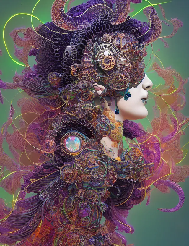 Image similar to 3 d goddess close - up profile solarpunk portrait ram skull. beautiful intricately detailed japanese crow kitsune mask and clasical japanese kimono. betta fish, jellyfish phoenix, fractal flame, holographic, bio luminescent, plasma, ice, water, wind, creature, artwork by tooth wu and wlop and beeple and greg rutkowski