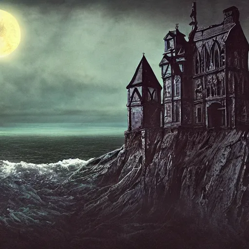 Image similar to The edge of the world, gothic art, color, eerie, horror, scary, ominous, 8k, highly detailed