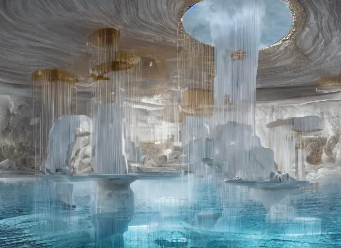 Image similar to modern chic futuristic onsen (Japanese bath house) with gold intricate luxurious details at Pamukkale, thermal waters flowing down white travertine terraces, dozen beautiful women wearing sweet dresses, ethereal anf dreamy, intricate, elegant, luxurious, digital painting, concept art, smooth, sharp focus, from Star Trek 2021, illustration, by WLOP and Ruan Jia and Mandy Jurgens and William-Adolphe Bouguereau, Artgerm