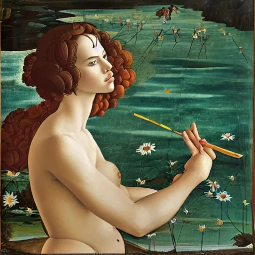 Prompt: sandro botticelli painting of daisy ridley as venus in a lush pond