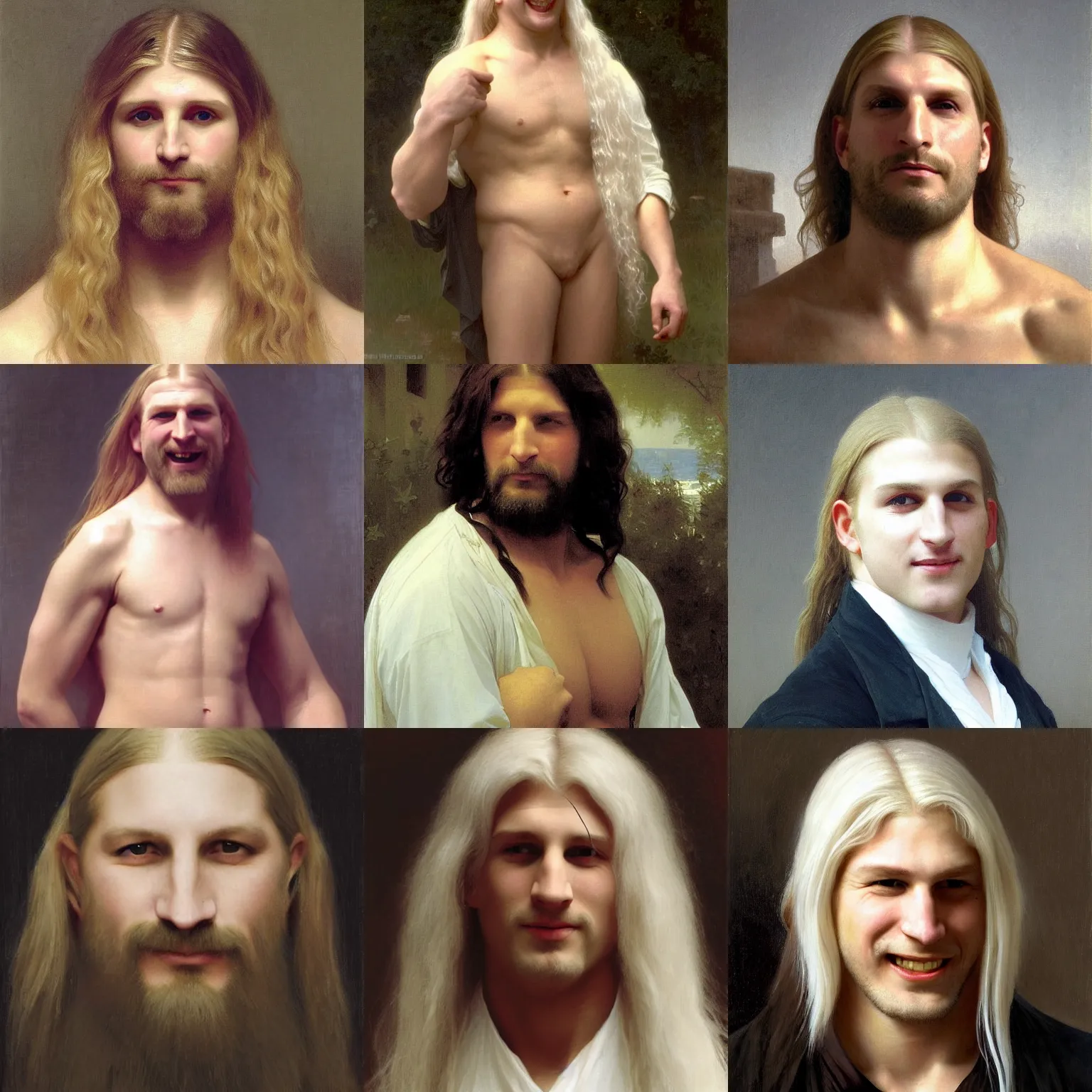 Prompt: Painting of a clean shaven triple H with long white hair. Young. Smiling. Happy. Cheerful. Prisoner of Azkaban. Art by william adolphe bouguereau. Very very very very very very very very very very very very much detailed. Beautiful. 4K. Award winning.