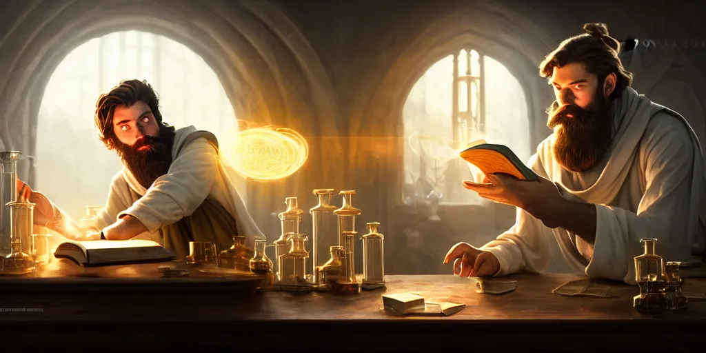 Image similar to a handsome bearded caucasian male sorcerer with brown hair he is casting a spell from a open book on the table, he is in a alchemist lab filled with beakers and equipment, neutral pose, epic composition, 4 k, light rays, super coherent, by dave melvin, dan luvisi and greg rutkowski