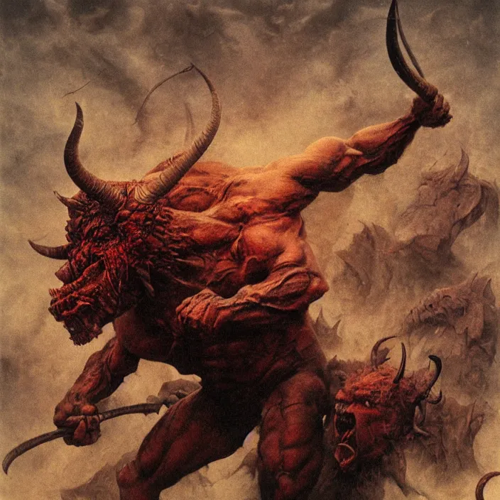 Prompt: horned demon berserker, muscular body, demon, balrog, beksinski