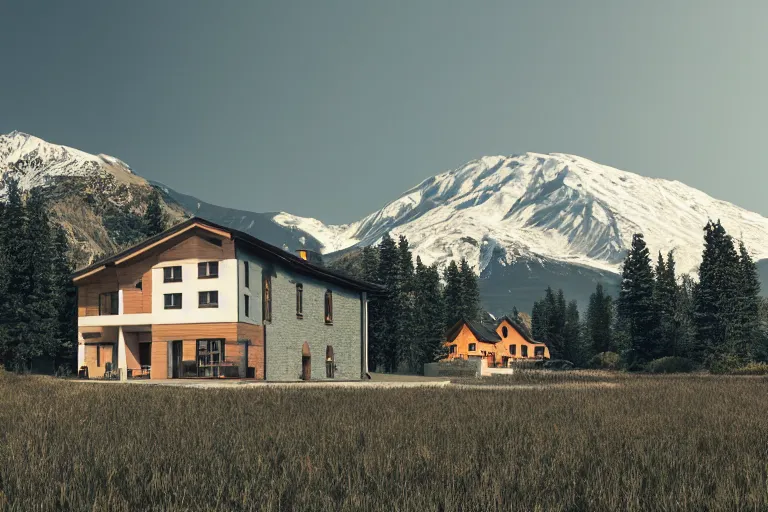 Image similar to modern fachwerk house settlement with Elbrus mountain on the background, architecture, 3d render 8k , matte painting, high details