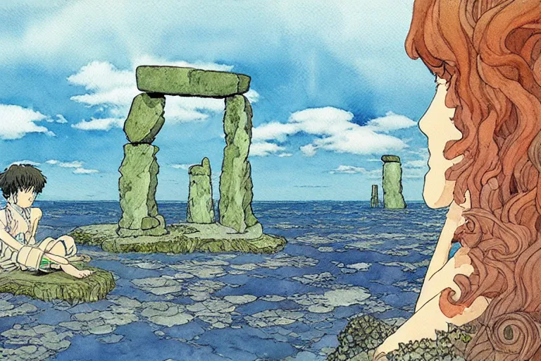 Image similar to a hyperrealist studio ghibli watercolor fantasy concept art. in the foreground is a giant hand lifting a stone. in the background is stonehenge. the scene is underwater on the sea floor. by rebecca guay, michael kaluta, charles vess