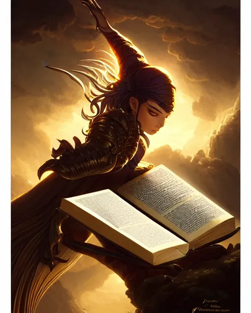 Prompt: A magic book owned by a flying wizard, highly detailed, intricate gold fibers, sharp focus, fantasy art by Artgerm and Greg Rutkowski and WLOP