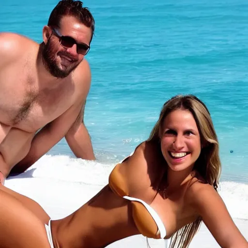 Image similar to photo of a 4 0 year old man that looks young for his age dating a very attractive 2 2 year old woman wearing a bikini.