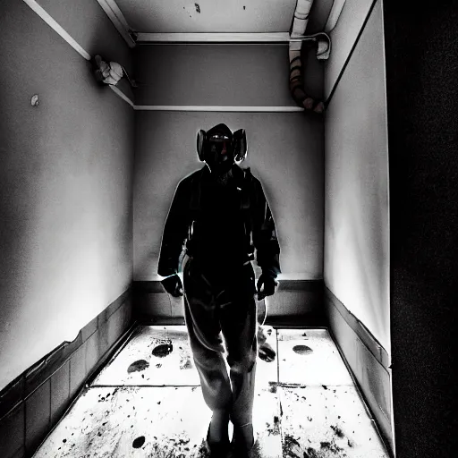 Image similar to A misterious man wearing a gas mask is standing on the midle of a stair hallway looking in the direction of the camera, the man is using a turned on flashlight to look for survivors :: Ruined city with vegetation growing from the distroyed buildings :: apocalyptic, shadowy, disolate :: A long shot, low angle, dramatic backlighting, simetric photography, night time, slighty colorful with blue, green and orange :: cinematic shot, very detailed