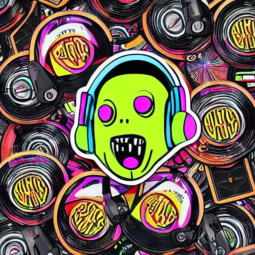 Image similar to svg sticker of a Pop-Wonder Alien-Bog-Monster-Swamp-Rat-Thunder-Coot-Racing-Fan at a rave, spinning records, giant headphones rocking out, wearing headphones, huge speakers, dancing, rave, DJ, spinning records, digital art, amazing composition, rule-of-thirds, award-winning, trending on artstation, featured on deviantart