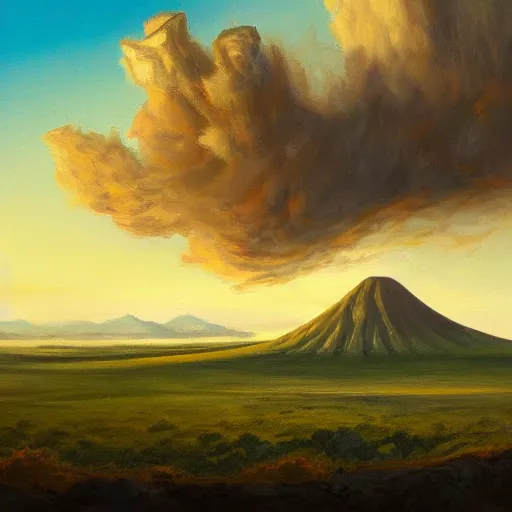 Image similar to painting of a vast field in a large medieval kingdom, dirt paths in various directions and a cattle ranch and a large castle visible in the distance, a volcanic mountain topped by a ring of smoke in the horizon, trending on artstation
