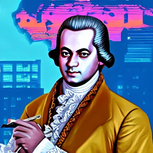 Prompt: Wolfgang Amadeus Mozart on the cover of GTA Vice City