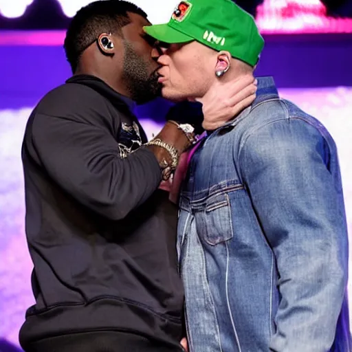 Image similar to 5 0 cent and eminem kissing on stage