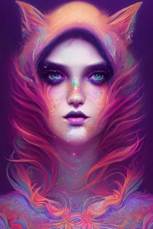 Image similar to lsd, acid trip, intricate fractals, a detailed portrait of a beautiful woman with ( fox ) features, in professional makeup, dramatic lighting, by lois van baarle, ross tran, greg rutkowski, 4 k, trending on artstation