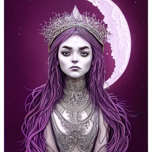 Prompt: portrait of young broad shouldered mighty prophetess of the moon, silver filigree armor and tiara, moon above head, purple wavy hair, translucent skin, wide striking eyes, beautiful! coherent! by brom, by junji ito, strong line, high contrast, muted color