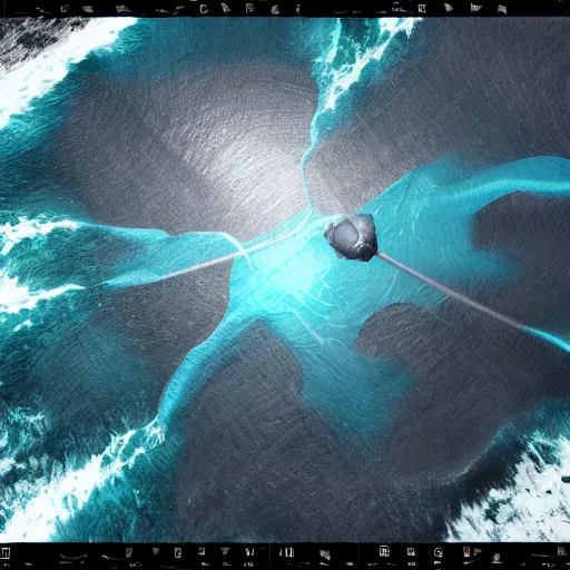 Image similar to top down view of an alien ocean with sea serpent emerging on top of it, detailed, cinematic lighting, storm is happening, unreal engine 4 render, artstaion