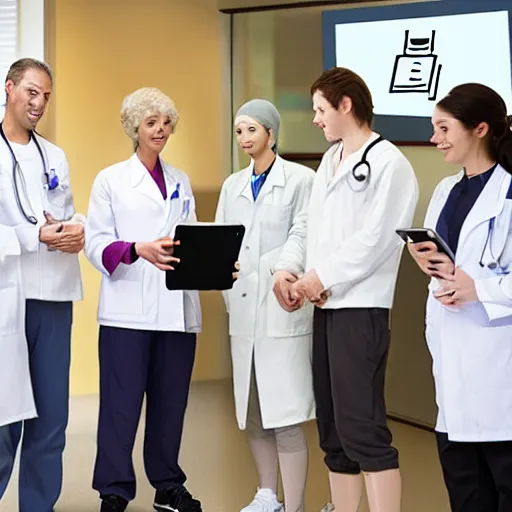 Prompt: a robot doctor introducing a group of patients to a sports exercise app digital art