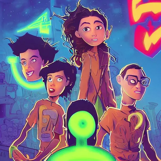 Image similar to a skinny young man with spikey brown hair and chubby young woman with short wavy brown hair and glowing green eyes as a super hero team, pixar cute, highly detailed, sharp focus, neon color, digital painting, artwork by Jeremiah Ketner + Mati Klarwein + Fintan Magee + Chris Mars, background artwork by greg rutkowski