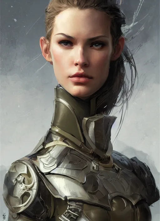 Image similar to a professional painting of a beautiful young female, clothed in military armor, olive skin, long dark hair, beautiful bone structure, symmetrical facial features, intricate, elegant, digital painting, concept art, smooth, sharp focus, illustration, from Metal Gear, by Ruan Jia and Mandy Jurgens and Artgerm and William-Adolphe Bouguerea