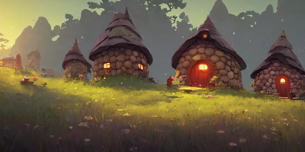 Image similar to small hobbit mushroom houses, red ruff, by cory loftis & akihiko yoshida & james gilleard & atey ghailan & makoto shinkai & goro fujita & studio ghibli, rim light, exquisite lighting, clear focus, magic atmosphere, lights, night, very coherent, plain background, soft painting, photorealistic, unreal engine 5, 4 k