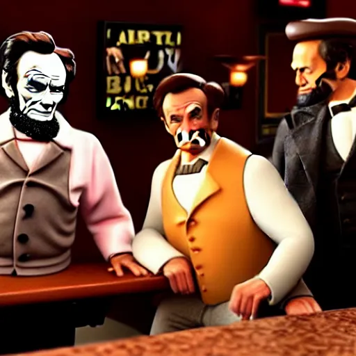 Image similar to The It's Always Sunny in Philadelphia episode where the gang meets Abe Lincoln Dee is there with Mac and so is Dennis they are at the bar, photo realistic, studio lighting