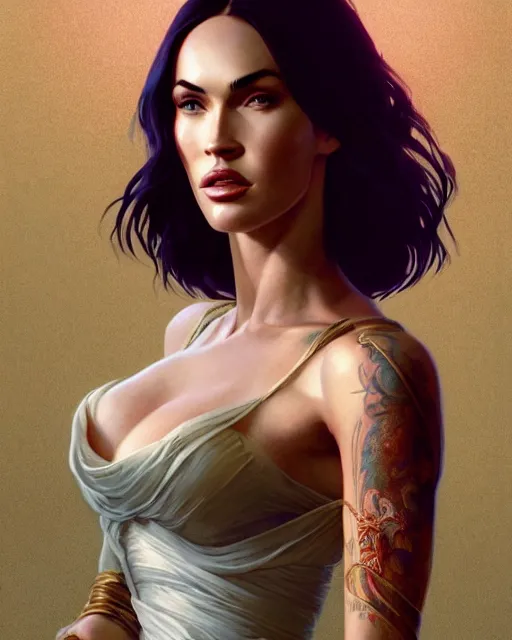 Image similar to portrait of Megan Fox as an elegant renaissance goddess, in GTA V, Stephen Bliss, unreal engine, by Greg Rutkowski, Loish, Rhads, Makoto Shinkai and Lois van baarle, ilya kuvshinov, rossdraws, global illumination, radiant light, detailed and intricate environment