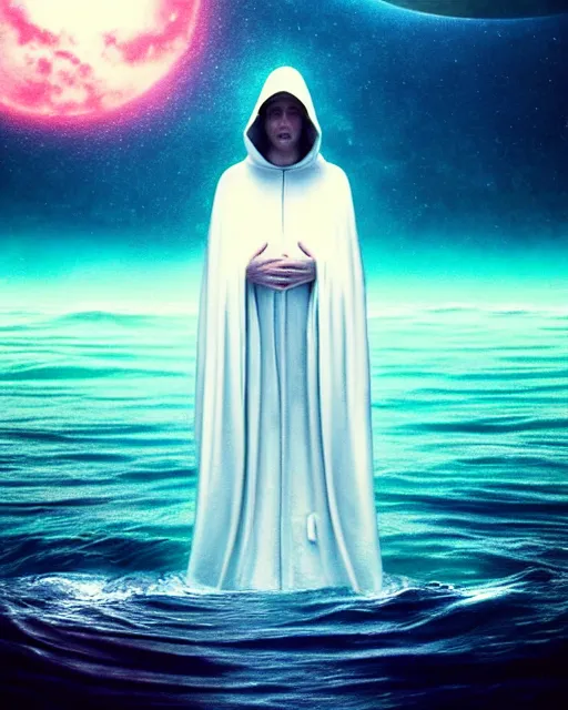 Image similar to a person wearing a white cloak standing in the water. a large planet is overhead. an album cover by stanley twardowicz, trending on cg society, retrofuturism, retrowave, chillwave, synthwave