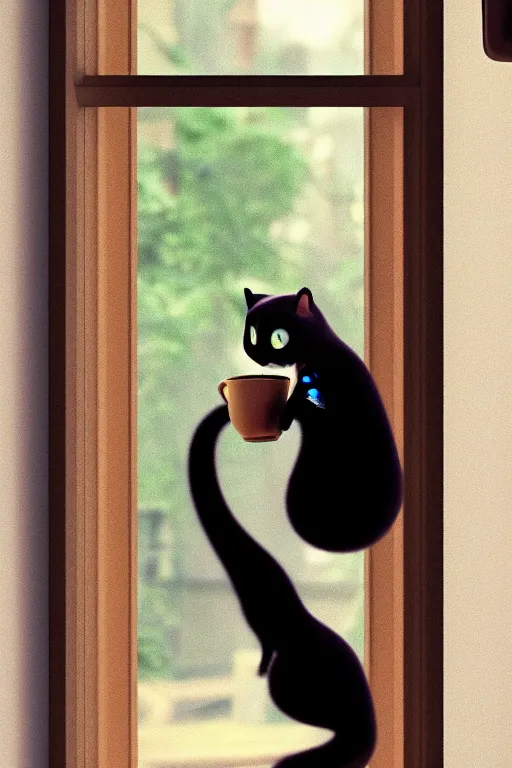 Prompt: beautiful cat holding one cup of coffee at house window. Pixar Disney 4K 3d render funny animation movie Oscar winning trending on ArtStation and Behance. Ratatouille style.