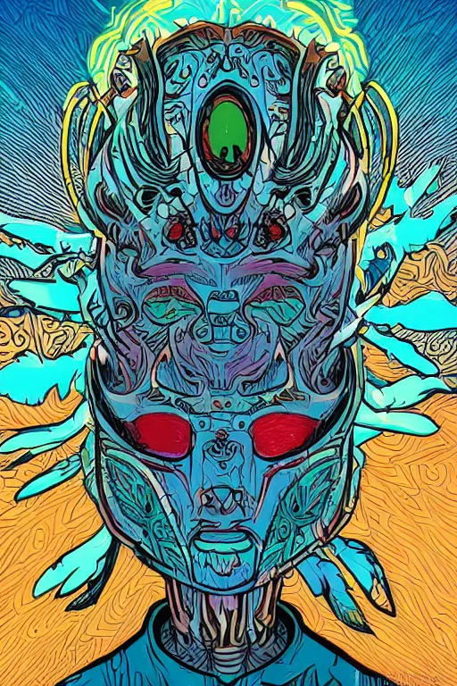 Image similar to animal mask totem roots flower tribal feather gemstone plant wood rock shaman vodoo video game vector cutout illustration vivid multicolor borderlands comics by josan gonzales and dan mumford radiating a glowing aura