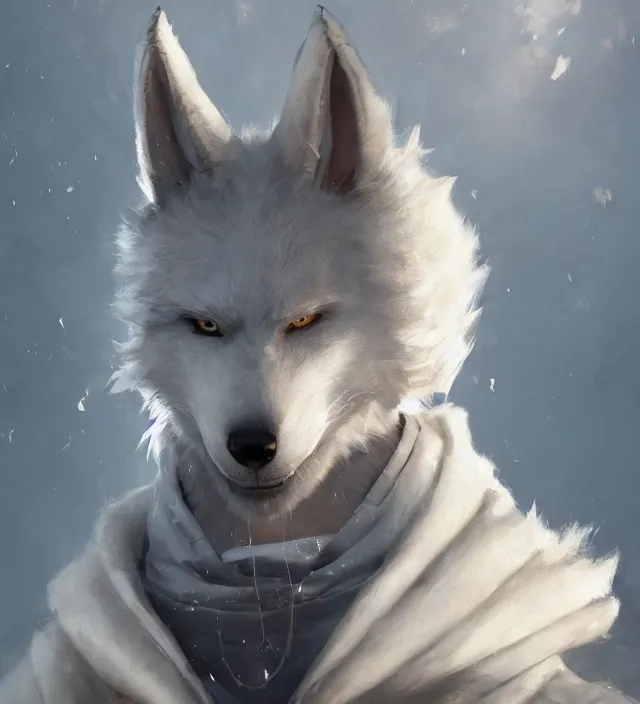 Image similar to a beautiful portrait of a handsome male anthropomorph white wolf furry fursona wearing a hoodie. character design by cory loftis, fenghua zhong, ryohei hase, ismail inceoglu and ruan jia. artstation, volumetric light, detailed, photorealistic, rendered in octane