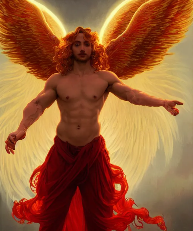 Image similar to symmetrical fullbody portrait of a beautiful young fit male angel with curly blond hairs, full dressed in long fluent red clothes, majestic big demon wings, luminous fire halo, by greg rutkowski and alphonse mucha, gradient white to gold, in front of an hellish background, highly detailed portrait, digital painting, artstation, concept art, smooth, sharp focus illustration