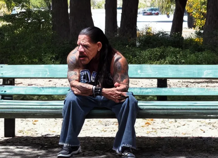 Image similar to photo of sad danny trejo sitting on a park bench crying, 8 k, sunny day