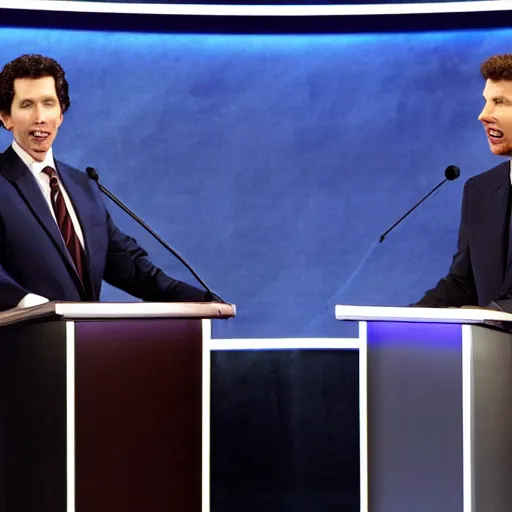 Image similar to theologian john calvin and joel osteen in a televised debate,