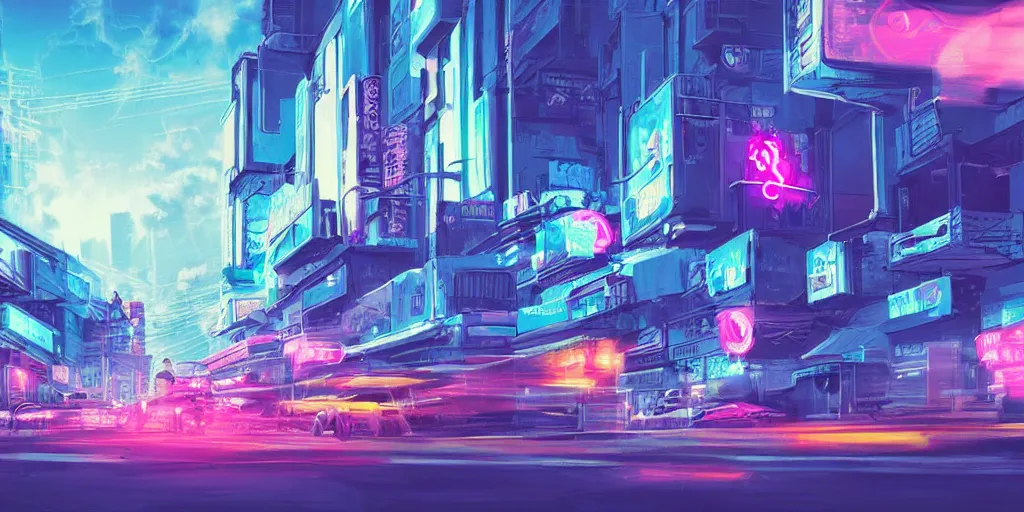 Prompt: street scene neon futuristic cyberpunk vaporwave tron glow sunset clouds sky illustration concept art