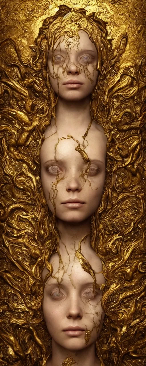 Image similar to portrait of a surreal goddess floating in the middle of a ancient wood, gold fluid simulation in the background, ultra super good realistic 3D render by Pete Morbacher and Emil Melmoth, insanely detailed, trending on artstation, sharp focus