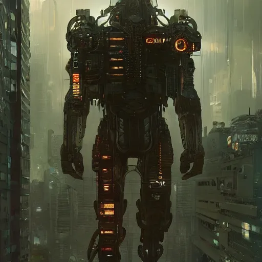 Prompt: a giant walking machine in a cyberpunk world, au naturel, hyper detailed, digital art, trending in artstation, cinematic lighting, studio quality, smooth render, unreal engine 5 rendered, octane rendered, art style by klimt and nixeu and ian sprigger and wlop and krenz cushart