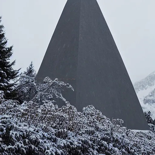 Image similar to a monolithic obelisk temple next to a snowcapped mountain. snowing, overcast sky, grainy.