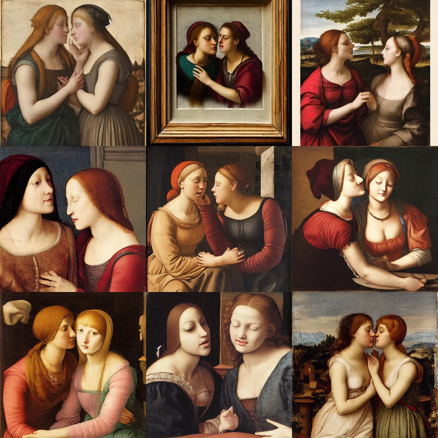 Prompt: two young women whispering to each other, renaissance