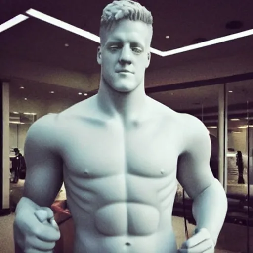 Image similar to “a realistic detailed photo of a guy who is an attractive humanoid who is half robot and half humanoid, who is a male android, football player JJ Watt, shiny skin, posing like a statue, blank stare”