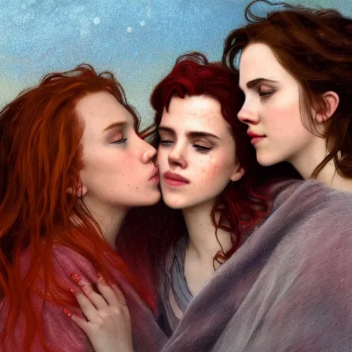 Image similar to an extremely detailed portrait of scarlett johansson and emma watson and christina hendricks as three polyamorous red haired vampire queens kissing in the rain sheltering under a large blue blanket, epic fantasy, viewed in profile from far away, sharp focus, detailed face, art by greg rutkowski and alphonse mucha, volumetric lighting, 4 k resolution, trending on artstation, masterpiece