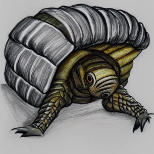 Image similar to fantasy drawing of a giant armadillio - like creature in the desert