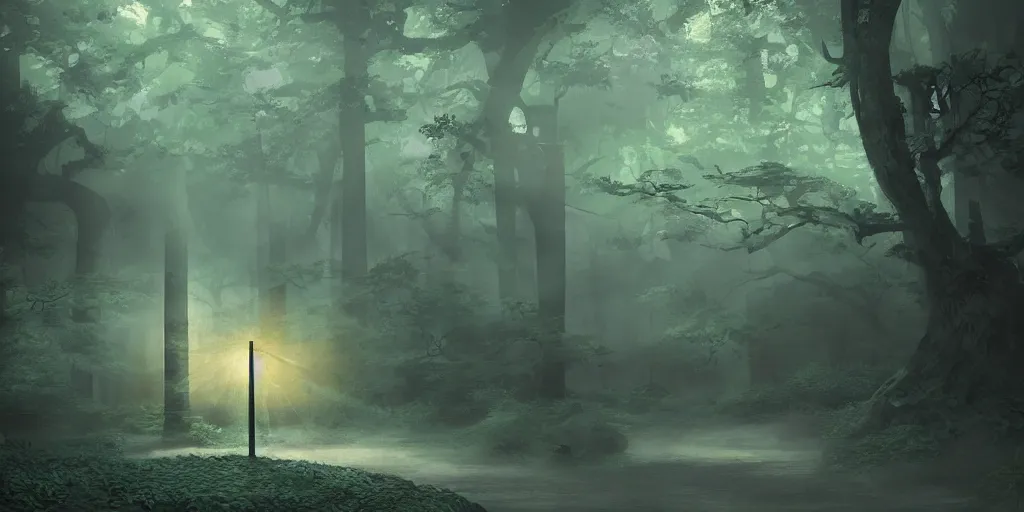 Image similar to a beautiful japanese school of magic in a dark forest, highly detailed, volumetric lighting, digital painting