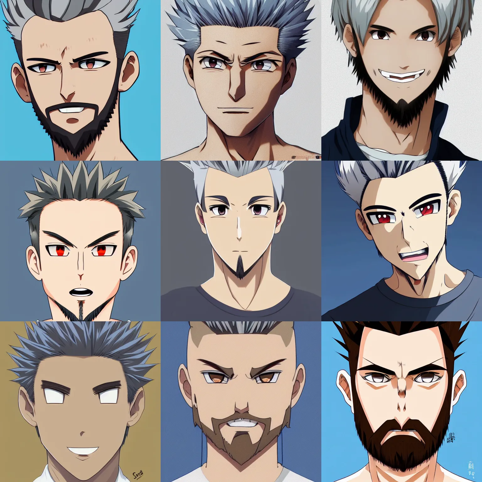 Prompt: A medium shot anime portrait of a smiling anime man with very short beige spiked hair, light grey-blue eyes, beige hair, short beige and white beard, medium shot portrait, his whole head fits in the frame, short hair on top of his head, solid color background, flat anime style shading, head shot, 2d digital drawing by Stanley Artgerm Lau, WLOP, Rossdraws, James Jean, Andrei Riabovitchev, Marc Simonetti, and Sakimi chan, trending on artstation