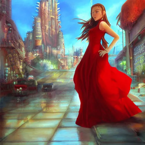 Image similar to oil painted portrait of aerith gainsborough from from final fantasy 7 in her signature red dress with the steam punk city midgard as backdrop, by master artist yoshitaka amano trending on artstation