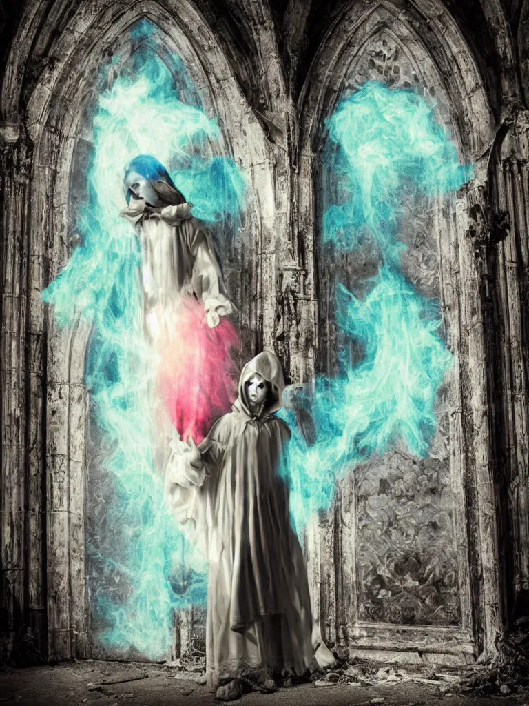 Prompt: cute fumo plush gothic angel gentleman prince in hood ghost wraith making an apparition in an abandoned church, stained glass window with colored glowing light, fallen angel, wisps of smoke and glowing volumetric fog, vignette, vray